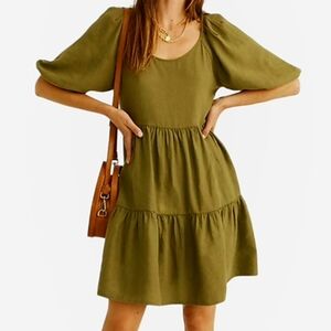 Madewell Responsible Puff Sleeve Tiered Ruffle Dress Olive Green Sz S